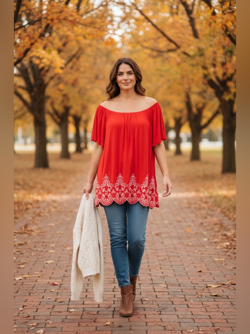 Lane Bryant On Or Off-Shoulder Red Embroidered Hem Women's Top